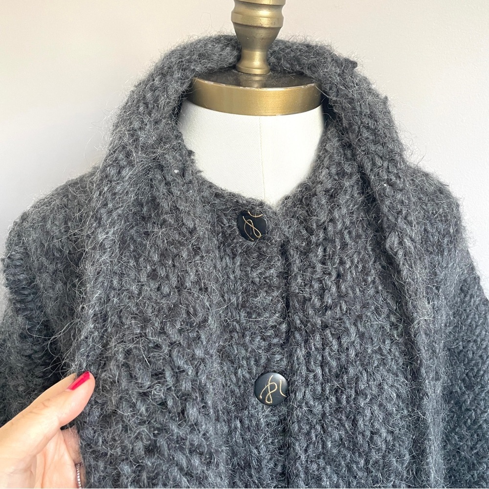Handmade Gray Chunky Knit Long Cardigan w/ Attached Scarf - Medium - Picture 4 of 12